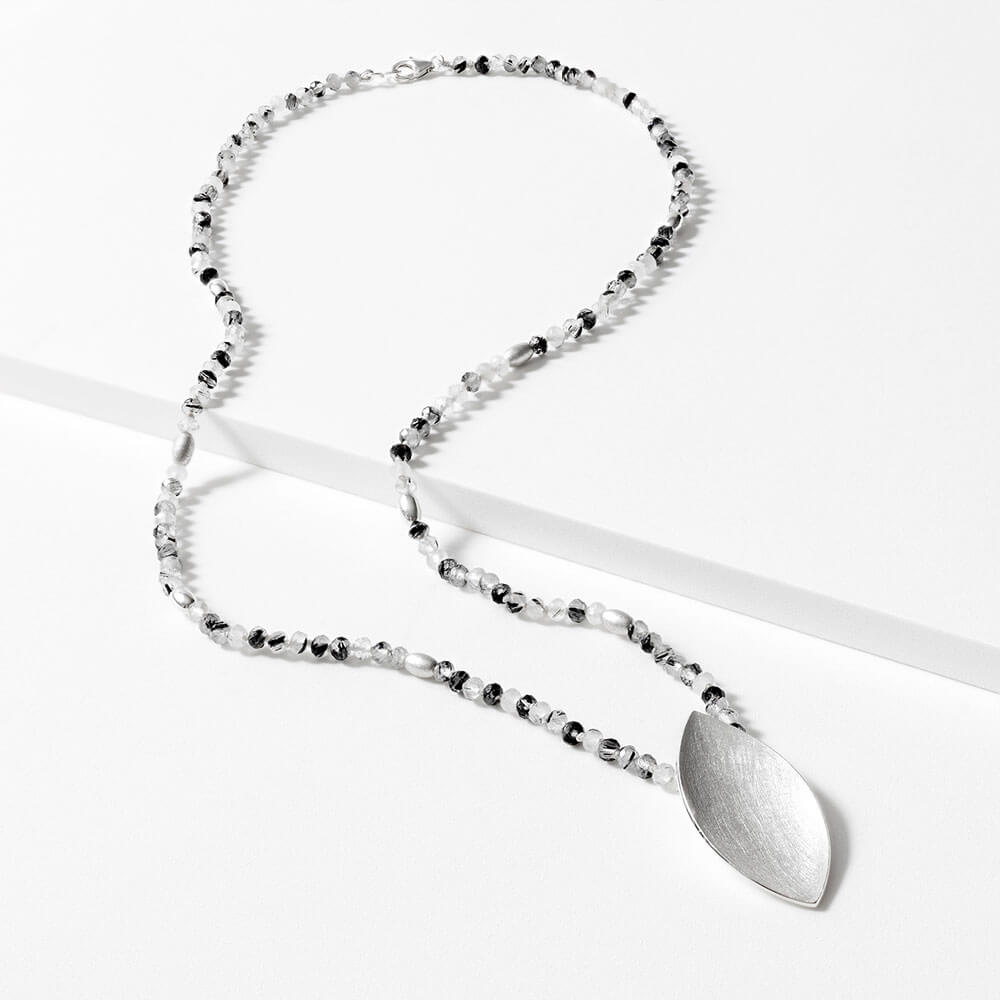 Long crystal quartz tourmalined necklace