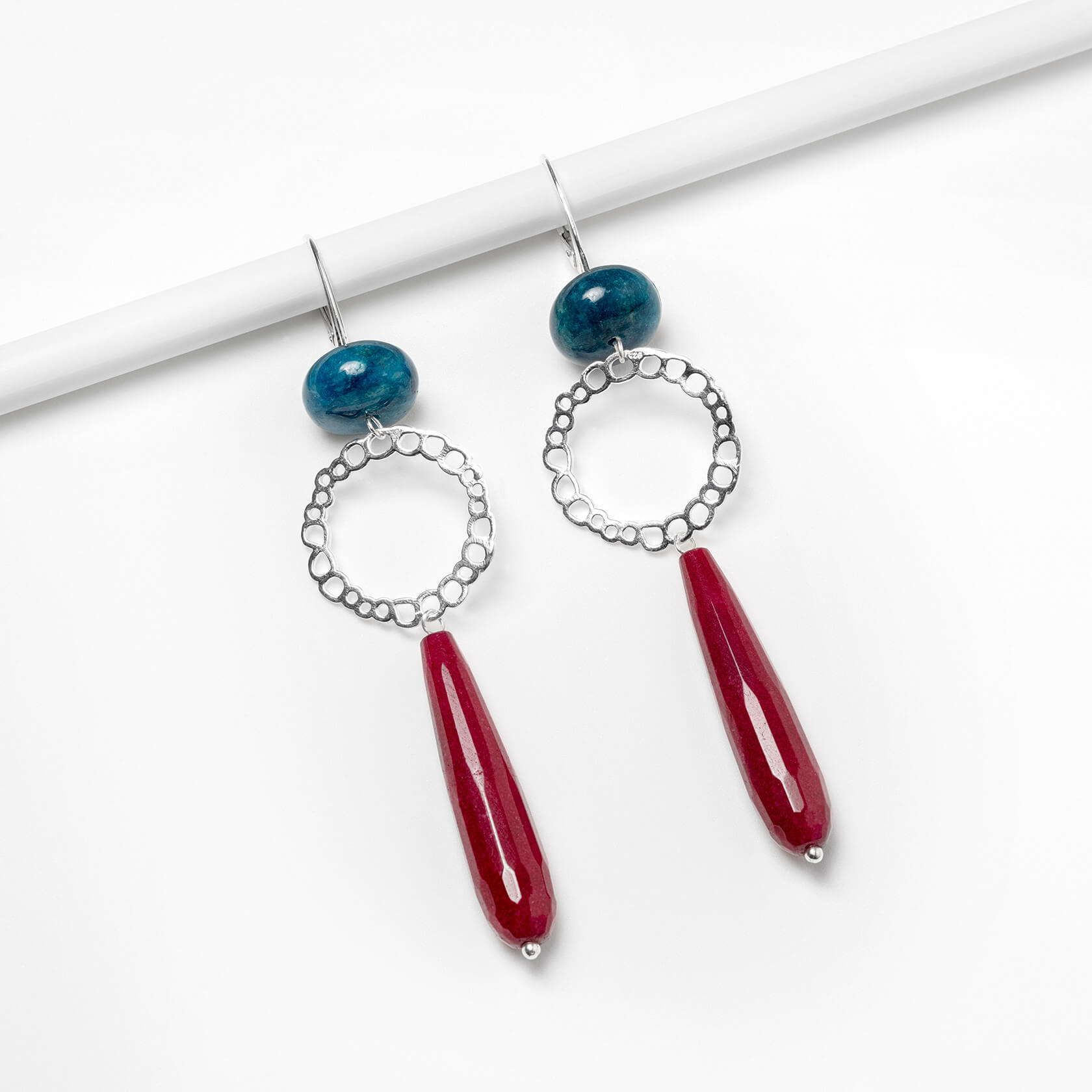 Blue apatite and red agate earrings